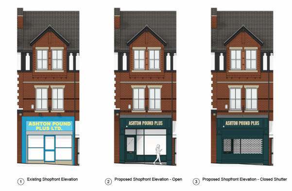 Three side‑by‑side shopfront elevation drawings of the same brick building. The first shows the existing shopfront for 'Ashton Pound Plus Ltd' with a bright blue and yellow sign and blue-framed windows. The second shows the proposed shopfront when open, w