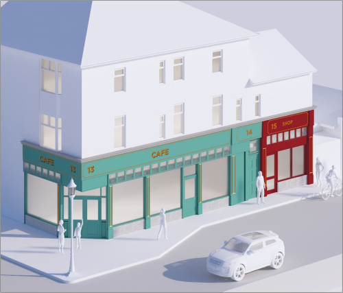 Proposal showing people walking around the cafe and shop both with improved designs