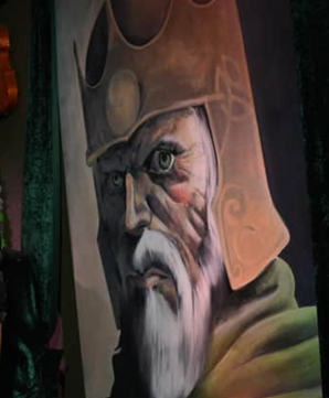 A contemporary painting of the ancient Irish King Brian Borou.  He is depicted as a white-bearded older man with a bronze helmet decorated with stylised knotwork.